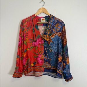 FARM RIO Mixed Prints vibrant multicolor tropical floral top blouse Sz S
